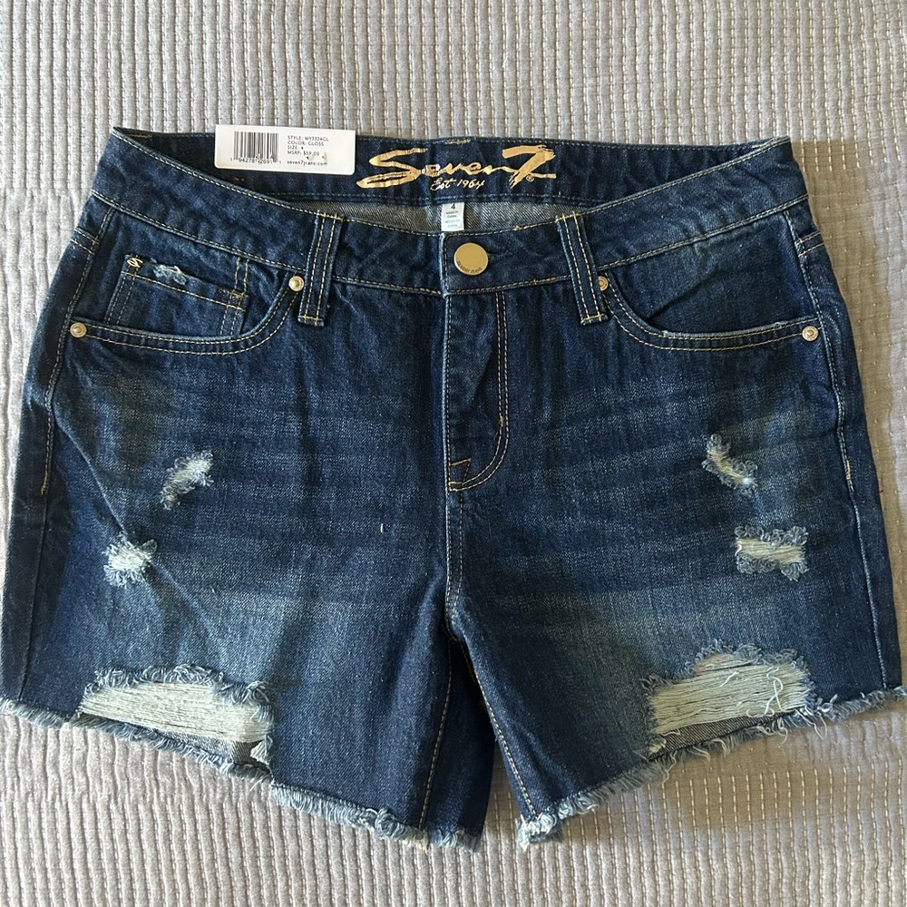 Seven7 Women's Distressed Dark Blue Jean Shorts